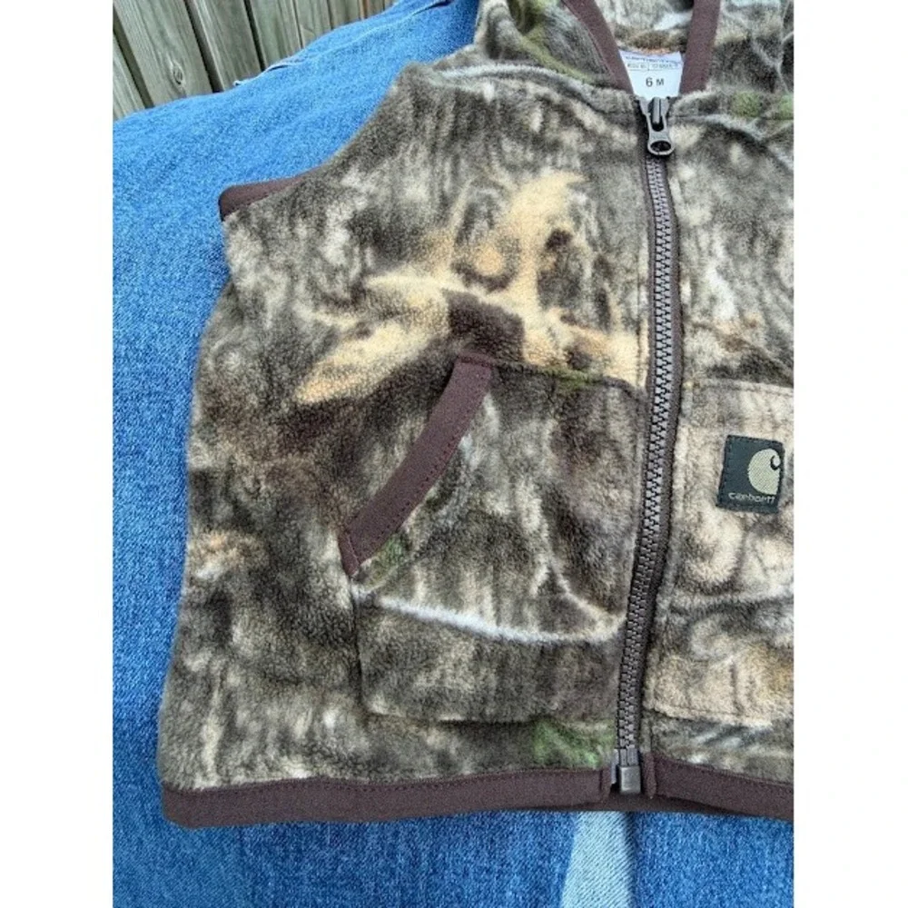 Camo Carhartt Fleece Vest Kids 6M Brown Real Tree Hooded Zip Up ST8886-B Rugged